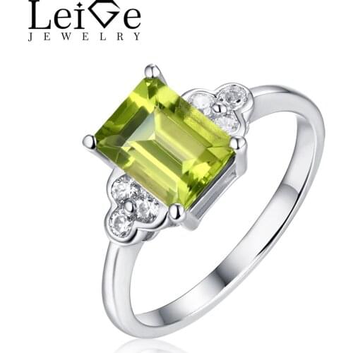 Leige Jewelry Green Peridot Ring Natural Gemstone Engagement Anniversary Rings for Women Emerald Cut Fine Jewelry 925 Silver