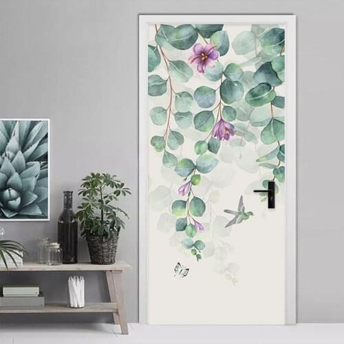 Nordic Style Tropical Leaves Flowers Door Sticker Modern Simple Home Decor Mural Wallpaper PVC Self-Adhesive Living Room Sticker