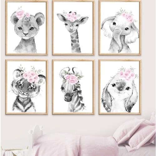 Koala Rabbit Tiger Lion Giraffe Pink Flower Wall Art Canvas Painting Nordic Posters And Prints Wall Pictures For Kids Room Decor