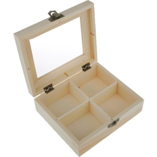 Natural 4 Grids Unpainted Wood Jewelry Storage Box Chest Case With Glass Lid