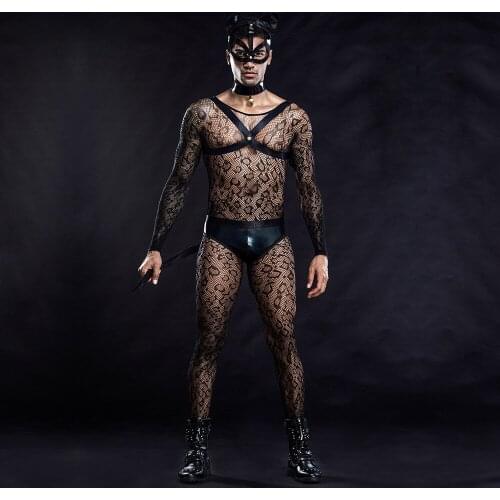 Newest Men Lingerie Mesh Lace Open cat man sexy uniform perspective sexy one-piece mesh hot Boxer Fashion