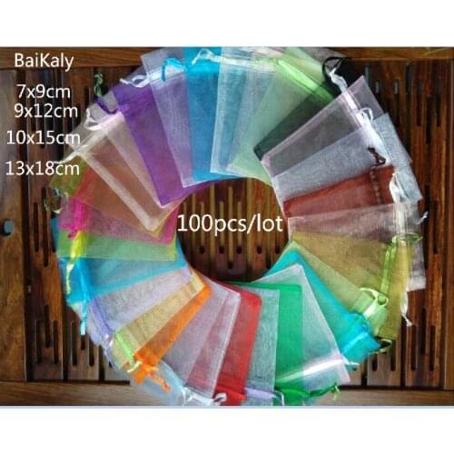 New 100pcs/lot 7x9 9X12 10x15 13x18cm Pouches Drawstring Organza bag Wedding Christmas Gift Bags Jewelry Packaging Organza bags