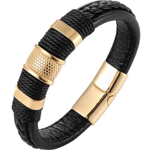New Genuine Leather Bracelet Male Gold/Black Color Stainless Steel Geometric Pattern Luxury Jewelry For Birthday Blessing