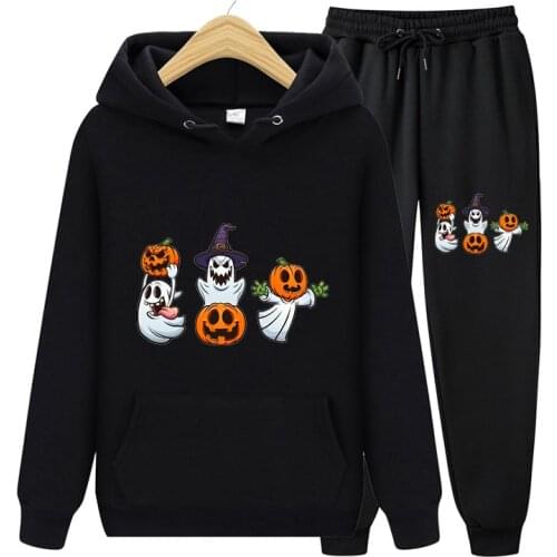 New Design 2021 Spring Autumn Women Sets Fashion Casual Halloween Funny Anime Print Black Pullover Hoodies Sweatshirt Pants Suit