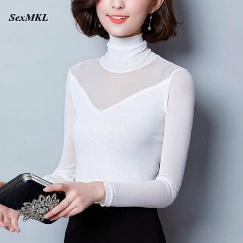Plus Size Turtleneck White Blouse Women 2020 Fashion Mesh Long Sleeve Tops and Blouses Office Lady Korean Casual Black Shirts