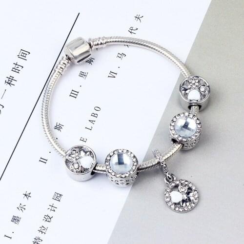Silver Plated Bead Bracelet Lucky Clover White Clear CZ Snake Chain Basic Charm Bracelet For Fashion Women DIY Jewelry Gift