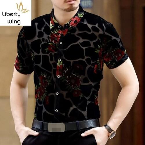 Summer Man Short Sleeve Shirts Fashion Turn Down Collar Silk Embroidery Velvet Male Shirt Slim Fit Hollow Out Blusas Masculina