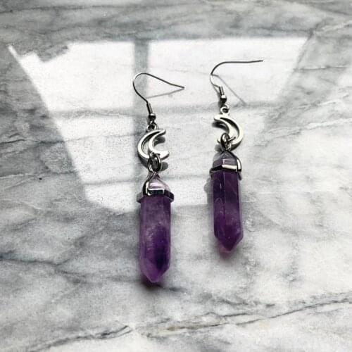 Purple Stone Moon Earrings Drop Fashion Goth Witch Punk Jewelry Women Gift Delicate Rock Gorgeous Crescent Wholesale Statement