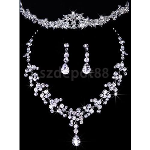SPMART Bridal Wedding Jewelry Set Romantic Crystal Rhinestone Jewelry Set Tiara Raindrop Earring For Bridal Bridesmaid Gift