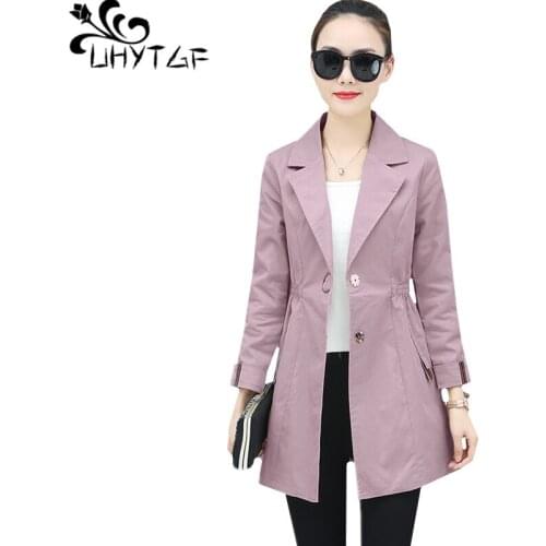 UHYTGF Spring autumn trench coat for women temperament Slim woman thin tops outerwear Elegant ladies long windbreaker coat 476