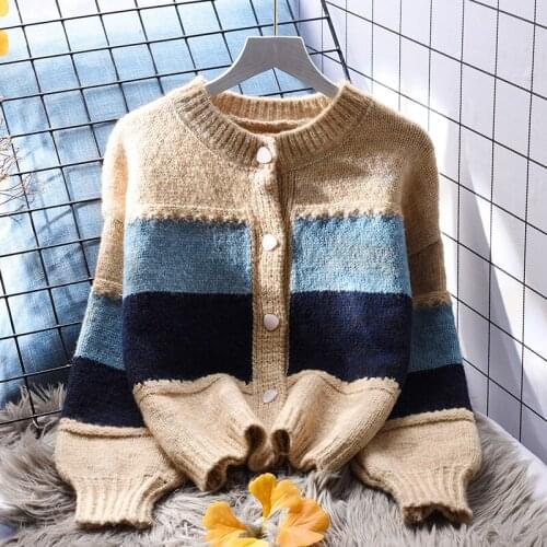 Patchwork Knitted Women Sweater Cardigan Winter New 2021 O-Neck Lantern Sleeved Short Slim Elegant Female Clothing Top Quality
