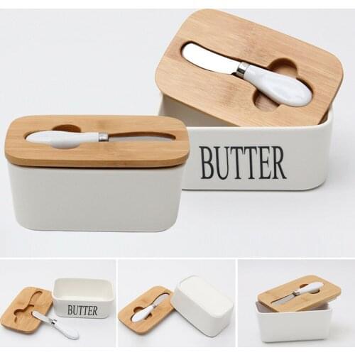 Dreamburgh Butter Box Nordic Ceramic Container Storage Tray Dish Cheese Food Tool Kitchen Keeper Wood Cover Sealing Plate+ Knife