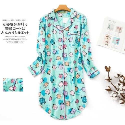 Autumn women fashion loose cartoon print cotton fabric lounge sleepwear shirt style nightgown