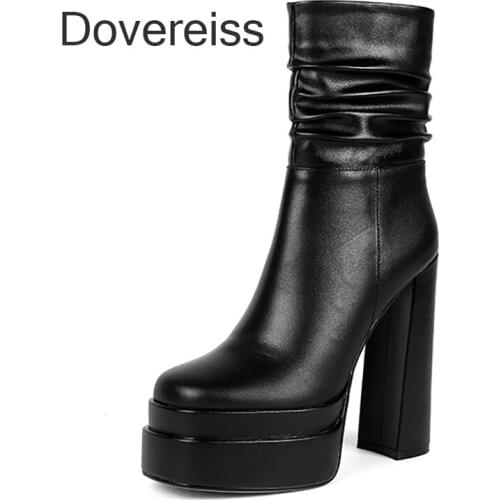 Dovereiss Fashion Womens Shoes Winter White Goth Genuine Leather Platform Zipper Chunky Heels Ankle Boots Block Heels New 40