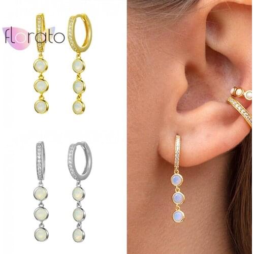 925 Sterling Silver Ear Buckle Opal Earrings for Women Geometry Moonstone White Opal Round Dangle Earrings Wedding Jewelry