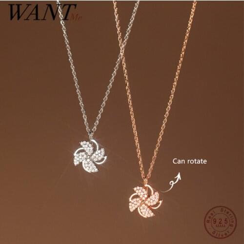WANTME 925 Sterling Silver Unique Rotatable Windmill Pavé Zircon Pendant Necklace for Women Romantic Flowers European Jewelry