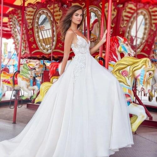 HERBURNL Simple Spaghetti Straps A-Line Lace Backless Applique Summer V-neck Beach Wedding Gowns Dresses For Women