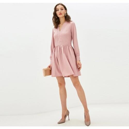 Shyloli Women Casual Solid A-line Dress Lantern Long Sleeve Sexy V-neck Mini Dress Pink 2021 New Fashion Autumn Prom Dress