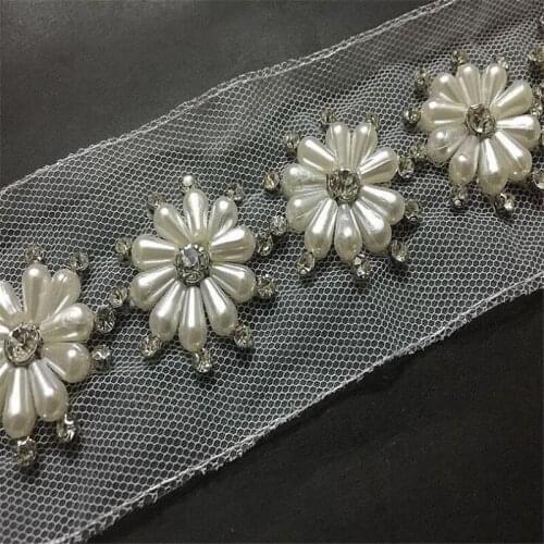 1 Yard Flowers Pearl Lace Edge Trimmings Ribbons Beaded Lace Fabric Embroidered Sewing Wedding Dress Clothes
