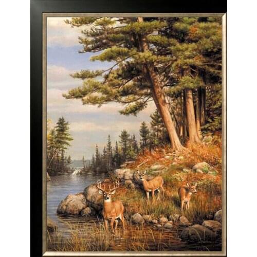 14/16/18/27/28 Pine forest Scenery Needlework,Deer Animal Cross stitch Handmade 14CT Canvas DIY,DMC,Cross-stitch kits,For