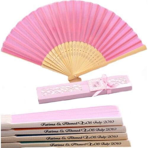 20pcs/lot Custom Folding Fan Personalized Bride & Grooms Name & Date Silk Wedding Hand Fan with Gift Box in 13 colors