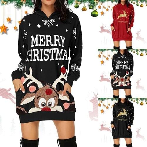 2020 New Hot style Lovely Christmas print mid length pocket Hooded Sweater casual loose fashion warm