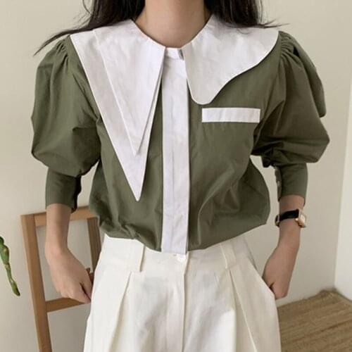 2021 New Design Asymmetrical Single Breasted Loose Puff Sleeve Shirts Turn-down Collar Womens Tops
