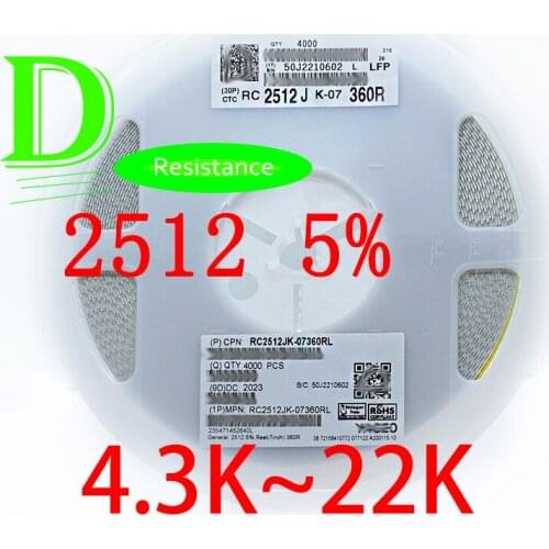 50PCS SMD Resistor 2512 5% RC2512JK-07 Series 4.3K 4.7K 5.1K 5.6K 6.2K 6.8K 7.5K 8.2K 9.1K 10K 11K 12K 13K 15K 16K 18K 20K 22K