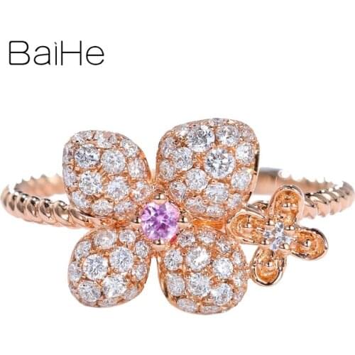 BAIHE Solid 14K Rose Gold 0.05ct H/SI Round Natural Pink sapphire Women Trendy Fine Jewelry Beautiful Pink sapphire diamond Ring
