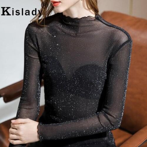 Shining Turtleneck Patchwork Gothic Women Shirt Sexy OL Mesh Fabric Harajuku Plus Size Shirt Korean Lace Hollow Out Tops Clothes