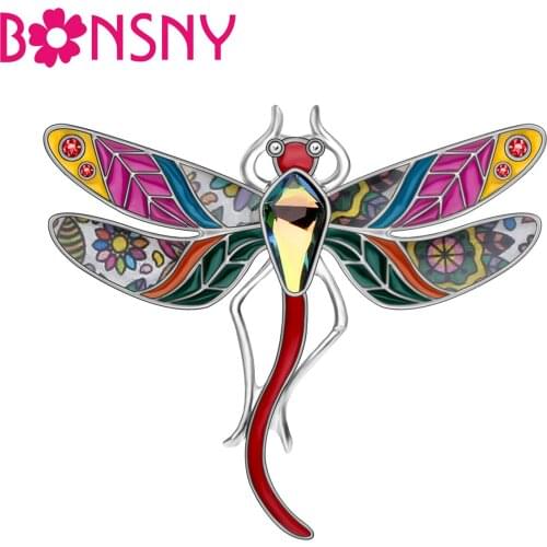 Bonsnyl Enamel Alloy Rhinestone Floral Dragonfly Brooches Clothes Scarf Insect Animal Jewelry For Women Girls Novelty Decoration