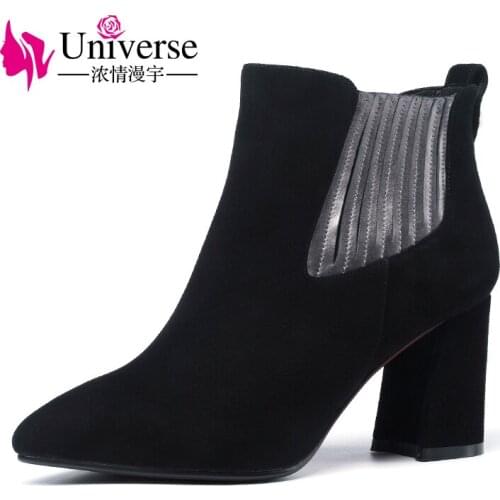 Universe high fashion women ankle boots 7.5 cm hoof heels spring autumn ladies boots black suede leather shoes G358