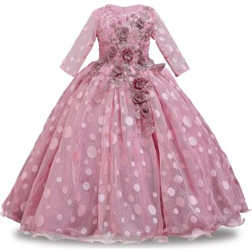 Kids Girls Lace Princess Party Flower Girl Dress Formal Lace Tulle Dresses For Wedding Long Sleeve Gowns Prom Communion Costume