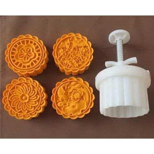 150g Chinese round shape flower design Mooncake mung bean cake Molds mould with 4 Stamps plastic hand pressure , 50sets/lot