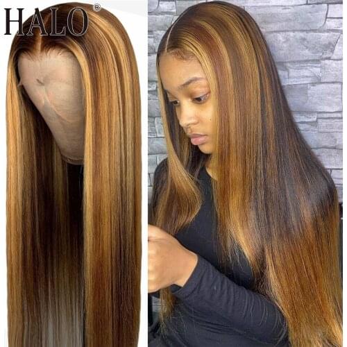 Halo 30 Inch Highlight Wig Brown Colored Human Hair Wigs 13X4 4x4 Ombre Straight Lace Front Wig Closure Human Hair Wigs