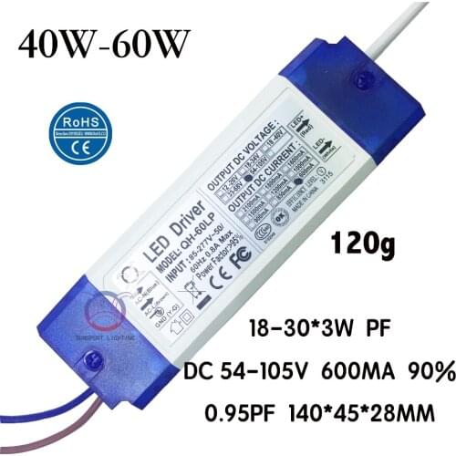 2 Pieces Isolation 40W-60W AC85-277V LED Driver 18-30x3W 600mA DC54-105V High PFC LED Power Supply For Floodlight Free Shipping