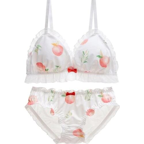 Juicy Peach Cute Womens Bra & Panties Set Milk Silk Wirefree Soft Underwear Sleep Intimates Set White