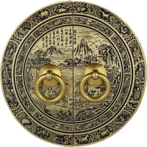 11 14 18CM Retro Wardrobe Ring Handles Landscape Painting Antique Chinese Brass Round Pulls Kitchen Cupboard Knobs For Furniture