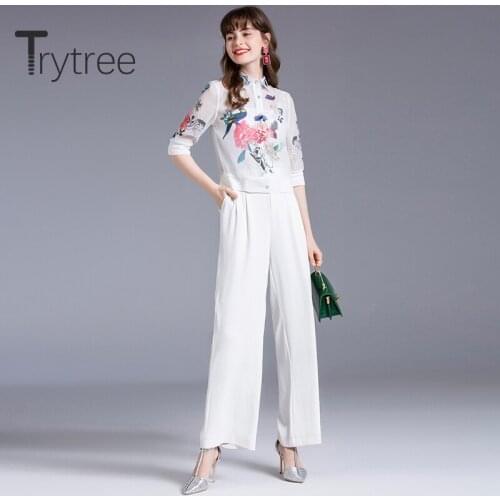 Trytree 2020 Summer Women two piece set Casual Turn-down Collar Single Breasted Print Blouse + Sling Vest Solid Set 2 piece Set