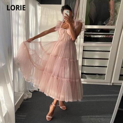 LORIE Elegant Prom Dresses Sweetheart Ruffles A-Line Tea Length Boning Pink Celebrity Party Graduation Gown robe fete femme