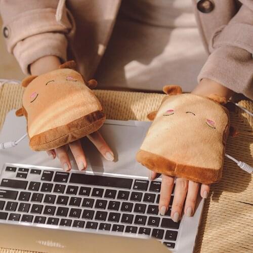 Cute Toast Design USB Heating Gloves Wearable Half Finger Electric Heated Gloves Bread Styles Hand Warmers For Women