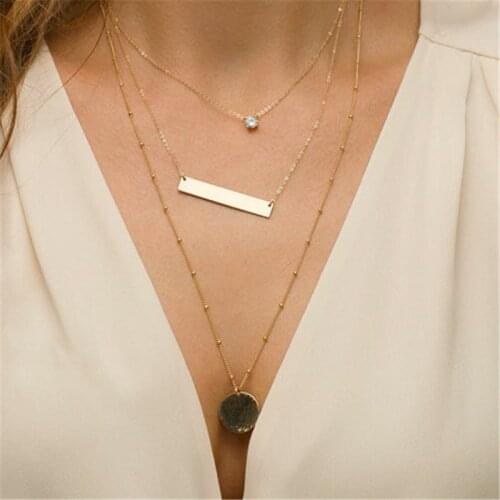 Multi Layer Necklace Gold Initial Disc CZ Rhinestone Long Necklace Minimalist Everyday Jewelry bijoux colliers