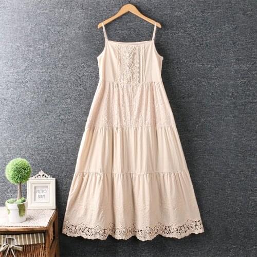 2020 New Summer Women Dress Japan Style Literary Fresh Lace Embroidery Cotton and linen Loose Long Dresses Women