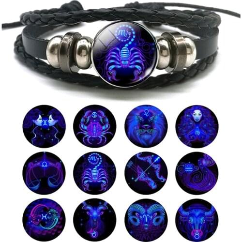 New DropShiping Gemini Cancer Leo Virgo Libra Scorpio 12 Constellation Black Punk Leather Bracelet Zodiac Bracelet for Man Woman