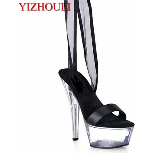 15cm Thin Sole Shoes Black Strappy Slippers 6 Inch Sexy High Heels Clear Crystal Shoes Women Summer Sandals