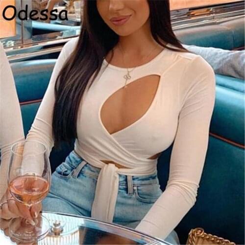 Odessa White Long Sleeve Hollow Out T Shirts Women Black O Neck Sexy Casual Tees Ladies Bandage Crop Tops Spring Summer 2021