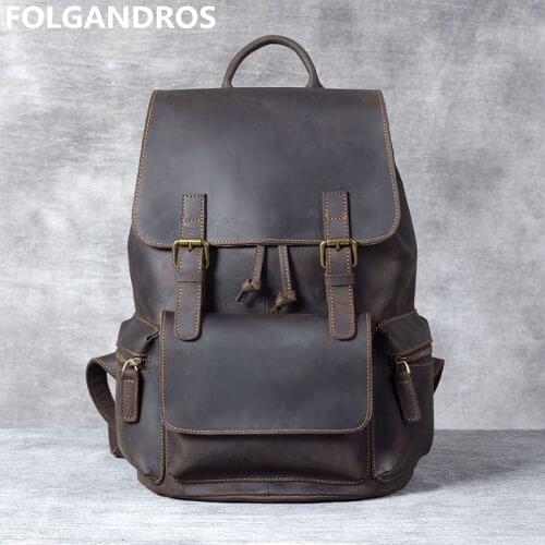 Mens Original Vintage Genuine Leather Backpacks Handmade Classic Cowhide Leather String Open Backpack Business School Book Bag