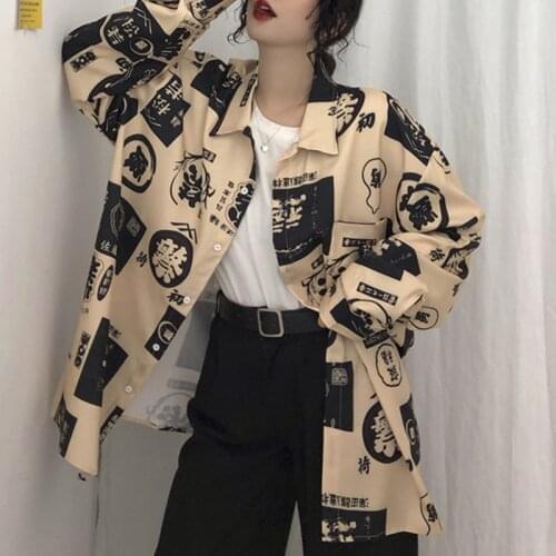 Autumn Women oversize shirts Streetwear Sexy blouses Print Single Shirts Turn-down Collar Long Sleeve Loose Blouses New Arrive