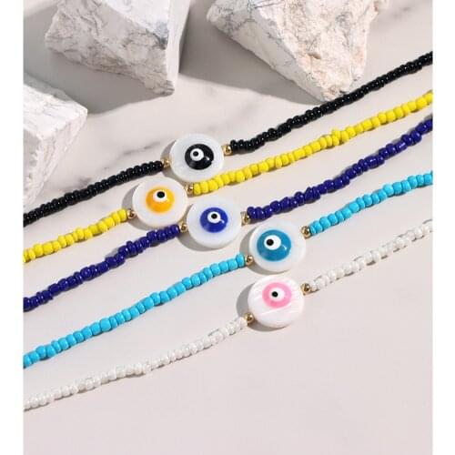 Ins Evil Eye Beaded Necklace For Women Candy Color Acrylic Seed Bead Strand Round Natural Shell Choker Necklace Handmade Jewelry