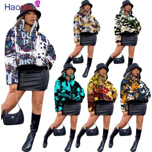 HAOOHU Puffer Jacket Winter Clothes for Women Stand Collar Warm Parka Short Outwear Long Sleeve Zip Thick Down Bubble Coats